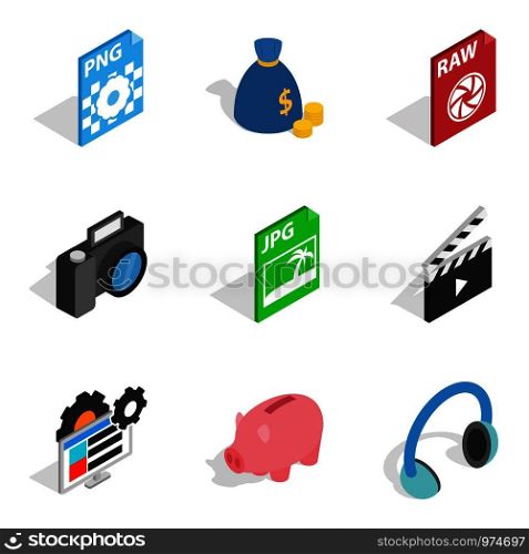 Broadcast icons set. Isometric set of 9 broadcast vector icons for web isolated on white background. Broadcast icons set, isometric style