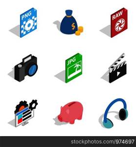 Broadcast icons set. Isometric set of 9 broadcast vector icons for web isolated on white background. Broadcast icons set, isometric style