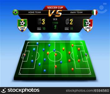 Broadcast of soccer tournament, composition on blue background with information board and players placement scheme vector illustration. Soccer Tournament Broadcast Composition