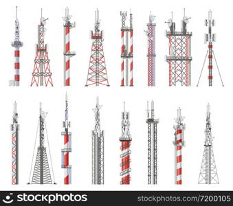 Broadcast technology tower. Communication antenna tower, wireless radio signal station. Cellular network tower vector illustration icons set. Radio signal tower, cellular broadcast cordless. Broadcast technology tower. Communication antenna tower, wireless radio signal station. Cellular network tower vector illustration icons set