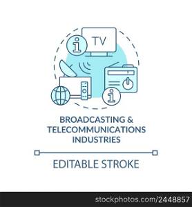 Broadcasting and telecommunications industries turquoise concept icon. Info industry abstract idea thin line illustration. Isolated outline drawing. Editable stroke. Arial, Myriad Pro-Bold fonts used. Broadcasting and telecommunications industries turquoise concept icon