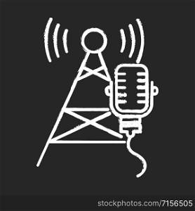 Broadcasting industry chalk icon. Telecommunications and network. Soundwave signal. Telecom tower and microphone. News, radio. Information streaming equipment. Isolated vector chalkboard illustration
