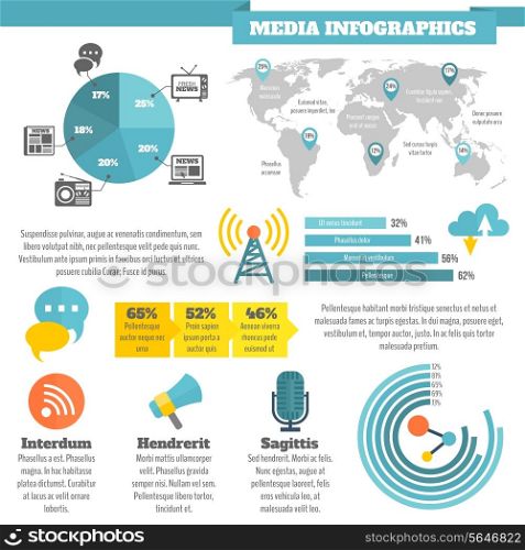 Broadcasting media social news infographics with flat color icons vector illustration