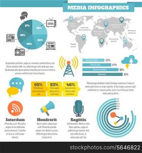 Broadcasting media social news infographics with flat color icons vector illustration