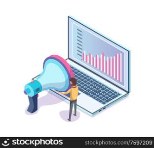 Broadcasting of website product vector. Analytics and results of web page visitors, statistics in visual representation. Business project implementation. Laptop with Infographics, Worker with Megaphone