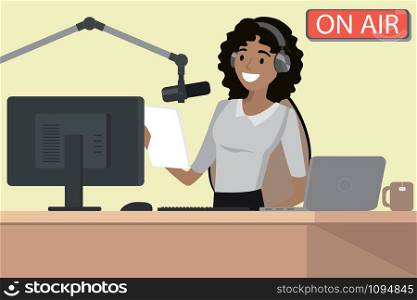 Broadcasting radio host speaks into the microphone on the air,african american female behind a desk,cartoon vector illustration. Broadcasting radio host speaks into the microphone on the air,