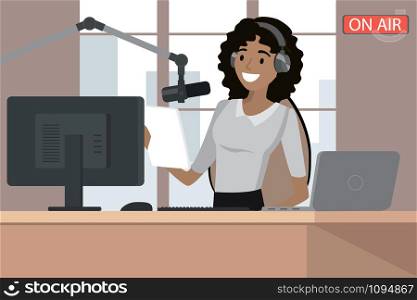 Broadcasting radio host speaks into the microphone on the air,african american female behind a desk in modern office,cartoon vector illustration. Broadcasting radio host speaks into the microphone on the air
