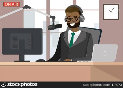 Broadcasting radio host speaks into the microphone on the air,african american male behind a desk in modern office,cartoon vector illustration. Broadcasting radio host speaks into the microphone on the air