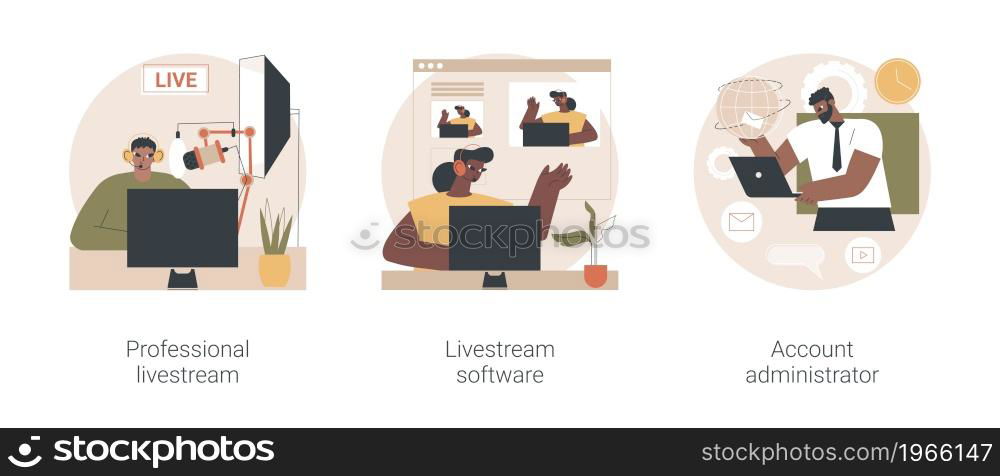 Broadcasting service abstract concept vector illustration set. Professional livestream software, account administrator job, online event stream manager, production monetization abstract metaphor.. Broadcasting service abstract concept vector illustrations.