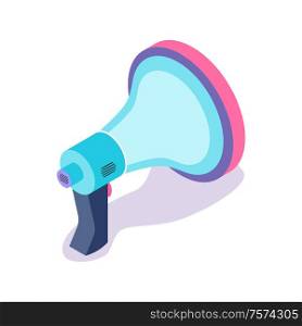 Broadcasting symbol, megaphone with handle vector. Isolated isometric 3d icon, communication and loudspeaker. Bullhorn tool for making announcements. Megaphone Symbolic Isolated 3D Icon, Broadcasting