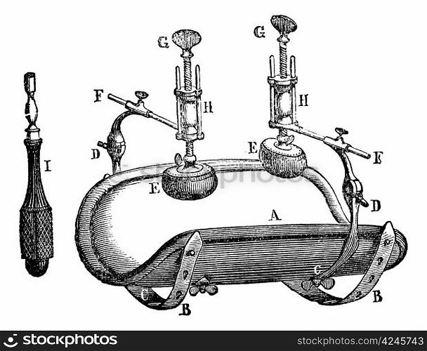 Broca compressor., vintage engraved illustration. Magasin Pittoresque 1875.