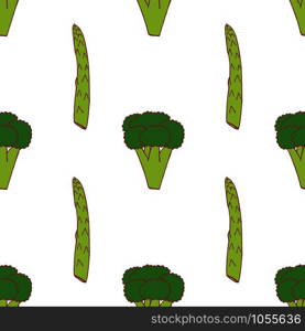 Broccoli and asparagus seamless pattern for wallpaper design. Fresh ripe color food. Organic healthy vegetable. Raw, vegan, vegetarian food. Cartoon pattern on white backdrop. Vector doodle design. . Broccoli and asperagus seamless pattern