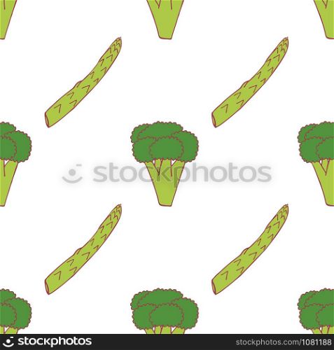Broccoli and asparagus seamless pattern for wallpaper design. Fresh ripe color food. Organic healthy vegetable. Raw, vegan, vegetarian food. Cartoon pattern on white backdrop. Vector doodle design. . Broccoli and asperagus seamless pattern