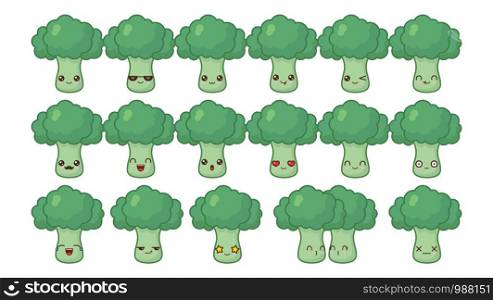 Broccoli cute kawaii mascot. Set kawaii food faces expressions smile emoticons.