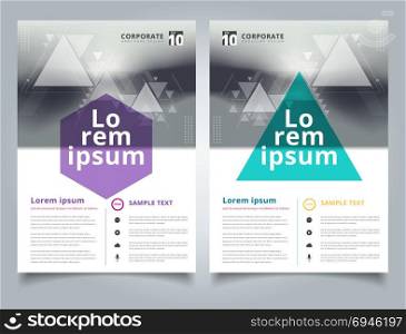 Brochure abstract blurred background with geometric triangles composition layout design template, Annual report, Leaflet, Advertising, poster, Magazine, Business for background, Empty copy space, green and purple color tone vector illustration artwork A4 size.