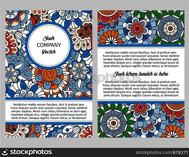 Brochure design template for company with blue floral decorative background. Vector illustration. Brochure design with blue floral background