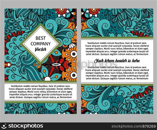 Brochure design template for company with outline swirls and leaves in blue and red colors. Vector illustration. Brochure design with swirls and leaves