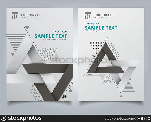 Brochure geometric composition forms modern background with decorative triangles 3d and patterns composition layout design template, Annual report, Leaflet, Advertising, poster, Magazine, Business for background, Empty copy space, dark gray color tone vector illustration artwork A4 size.