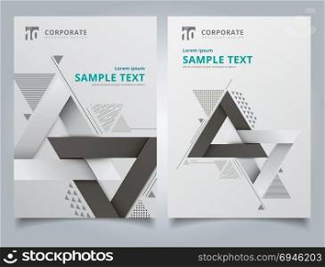 Brochure geometric composition forms modern background with decorative triangles 3d and patterns composition layout design template, Annual report, Leaflet, Advertising, poster, Magazine, Business for background, Empty copy space, dark gray color tone vector illustration artwork A4 size.