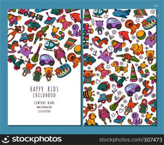 Brochure pages of children and toys. Vector illustrations. Toy child on banner page card, childhood holiday colored background. Brochure pages of children and toys. Vector illustrations