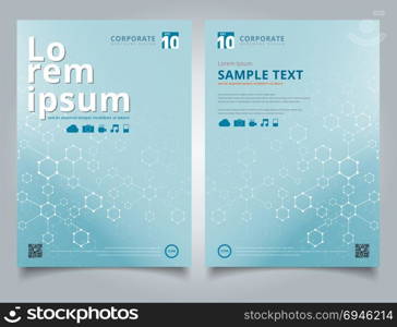 Brochure technology geometric hexagon with dots line connection blue background layout design template, Annual report, Leaflet, Advertising, poster, Magazine, Business for background, Empty copy space, dark gray color tone vector illustration artwork A4 size.