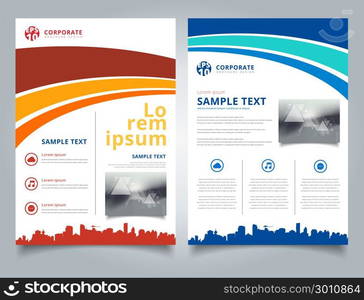 Brochure Template blue and red curve line graphic with cityscape footer and simple text. Business book cover design. Annual report, Magazine, Poster, Corporate Presentation, Portfolio, Flyer, Banner, Website.