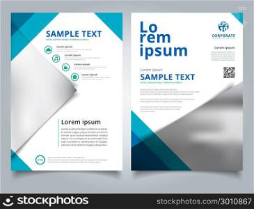 Brochure Template geometric triangle blue color with image background and simple text. Business book cover design. Annual report, Magazine, Poster, Corporate Presentation, Portfolio, Flyer, Banner, Website.