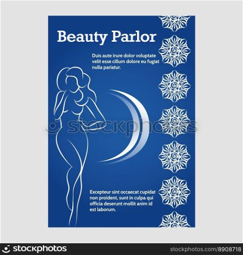 Brochure template with beauty woman silhouette. Brochure flyer template with beauty woman silhouette and ornamental border. Vector illustration