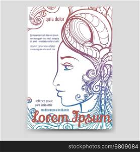 Brochure template with colorful woman face. Brochure or flyer banner template with colorful woman face. Vector illustration