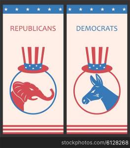 Brochures for Advertise of United States Political Parties. Illustration Brochures for Advertise of United States Political Parties. Flyers with Donkey and Elephant. Old Style Design - Vector