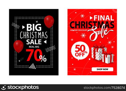 Brochures with info about Xmas and New Year discounts. Christmas sale for a limited time vector leaflets design with gift boxes, snowflakes and frame. Brochures Info About Xmas and New Year Discounts