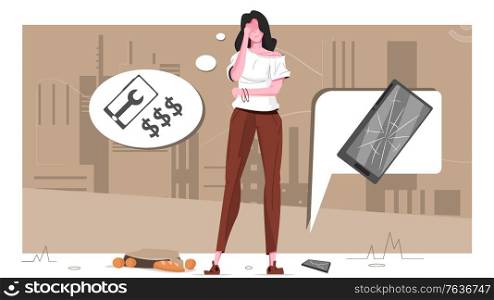 Broke smartphone flat composition girl dropped her bag on the ground and phone crashed vector illustration