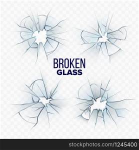 Broken And Smashed Glass Collection Set Vector. Different Accident Crashed, Damaged And Shattered Glass. Destruction Texture Screen Material Transparent Concept Template Realistic 3d Illustrations. Broken And Smashed Glass Collection Set Vector