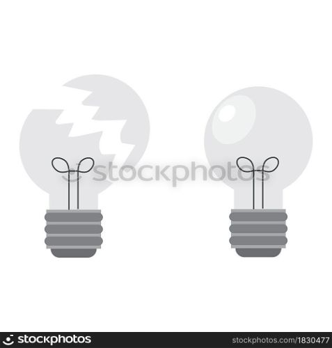 Broken and whole lamp. Lightbulb icon. Shattering glass. Piece of bulb. White backdrop. Vector illustration. Stock image. EPS 10.. Broken and whole lamp. Lightbulb icon. Shattering glass. Piece of bulb. White backdrop. Vector illustration. Stock image.