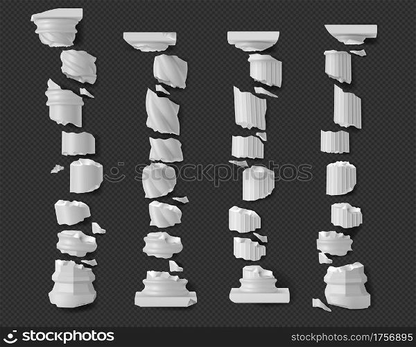 Broken antique pillars, white ancient ruined stone columns pieces isolated on transparent background. Roman or greece architecture with twisted and groove ornament, Realistic 3d vector mockup, set. Broken antique pillars white ruined columns pieces