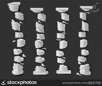 Broken antique pillars, white ancient ruined stone columns pieces isolated on transparent background. Roman or greece architecture with twisted and groove ornament, Realistic 3d vector mockup, set. Broken antique pillars white ruined columns pieces