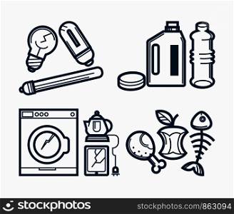 Broken appliances and dirty trash. Light bulbs with crack, empty bottles of chemical cleaning agents, spoiled devices and food remnants isolated cartoon flat monochrome vector illustrations set.. Broken appliances and dirty trash monochrome illustrations set
