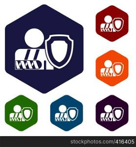 Broken arm and safety shield icons set rhombus in different colors isolated on white background. oken arm and safety shield icons set