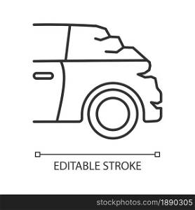 Broken boot linear icon. Bumping vehicle from behind. Rear-end collision. Trunk malfunction. Thin line customizable illustration. Contour symbol. Vector isolated outline drawing. Editable stroke. Broken boot linear icon