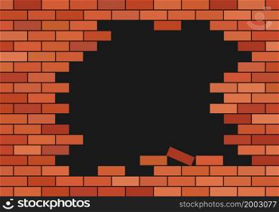 Broken brick wall. Broken red brick building with black hole. Red background with frame for info. Texture of castle or stone house. Crack on stonewall. Construction with concrete for tile. Vector.. Broken brick wall. Broken red brick building with black hole. Red background with frame for info. Texture of castle or stone house. Crack on stonewall. Construction with concrete for tile. Vector