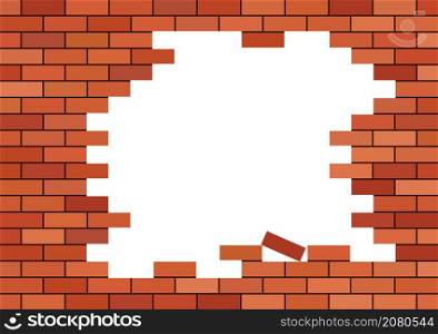 Broken brick wall with white hole. Broken red brick building. Red background with frame for info. Texture of castle or stone house. Crack on stonewall. Construction with concrete for tile. Vector.
