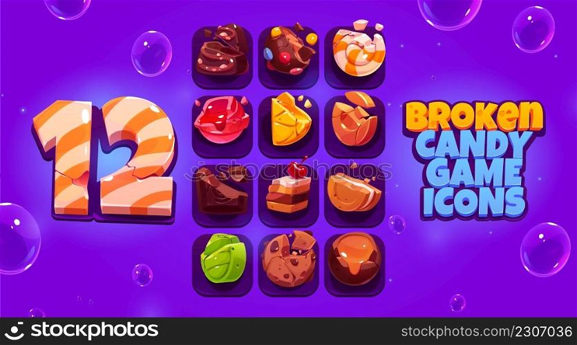 Broken candy game icons, cartoon crushed sweets with bites and crumbles. Chocolate truffle, dragee, praline, caramel, lollipop, toffee, cake, sandwich cookie and lemon slice, ui vector elements set. Broken candy game icons, cartoon crushed sweets