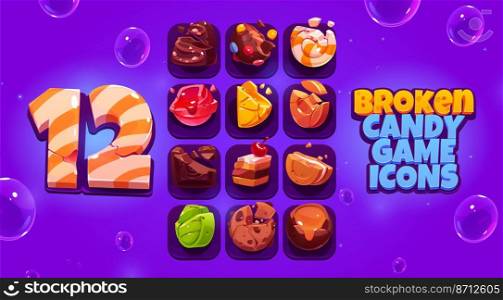 Broken candy game icons, cartoon crushed sweets with bites and crumbles. Chocolate truffle, dragee, praline, caramel, lollipop, toffee, cake, sandwich cookie and lemon slice, ui vector elements set. Broken candy game icons, cartoon crushed sweets