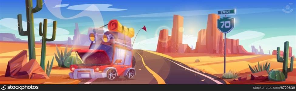 Broken car at roadside in desert or canyon landscape. Auto with travel stuff on roof stand with open hood and smoke at highway with rocks around. Accident in road journey, Cartoon vector illustration. Broken car at roadside in desert canyon landscape
