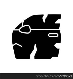 Broken car door black glyph icon. Road traffic accident. Door panel dents. Damaged auto body side. Deep scratches in vehicle exterior. Silhouette symbol on white space. Vector isolated illustration. Broken car door black glyph icon
