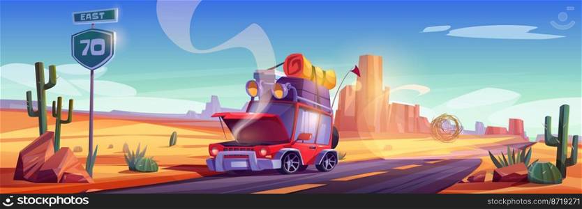 Broken car on road in desert landscape. Vector cartoon illustration of accident, breakdown in trip. Desert with red mountains, highway and auto with luggage on roof and smoke from open hood. Broken car on road in desert landscape
