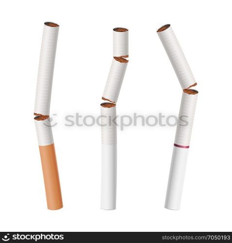 Broken Cigarettes Set Vector. Smoking Kills. Broken Cigarettes Vector. Smoking Kills. Medical Healthcare Quit Smoking Concept. Tobacco Leaves. Realistic Illustration. Isolated On White.