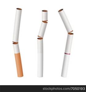 Broken Cigarettes Set Vector. Smoking Kills. Broken Cigarettes Vector. Smoking Kills. Medical Healthcare Quit Smoking Concept. Tobacco Leaves. Realistic Illustration. Isolated On White.