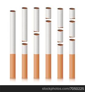 Broken Cigarettes Set Vector. Smoking Kills. Quit Smoking Concept. World No Tobacco Day. Realistic Close-up Illustration. Isolated. Broken Cigarettes Vector. Smoking Kills. Medical Healthcare Quit Smoking Concept. Tobacco Leaves. Realistic Illustration. Isolated On White.