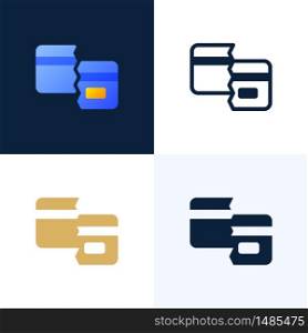 Broken Credit Card Vector stock icon set. The concept of mobile banking and closing a bank account. Concept of losing or deleting a bank card
